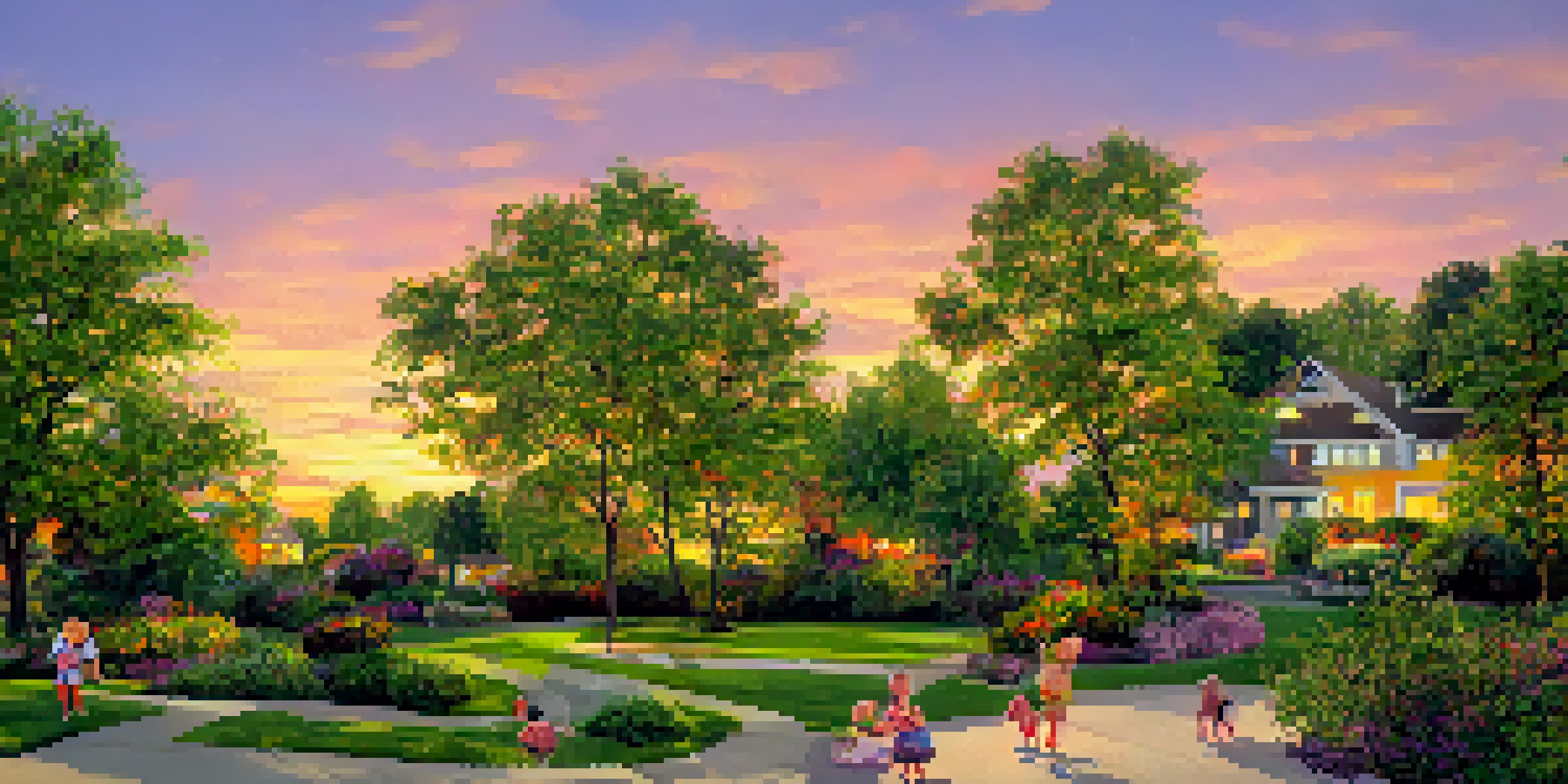 A peaceful suburban neighborhood at sunset with spacious homes, manicured lawns, and children playing.