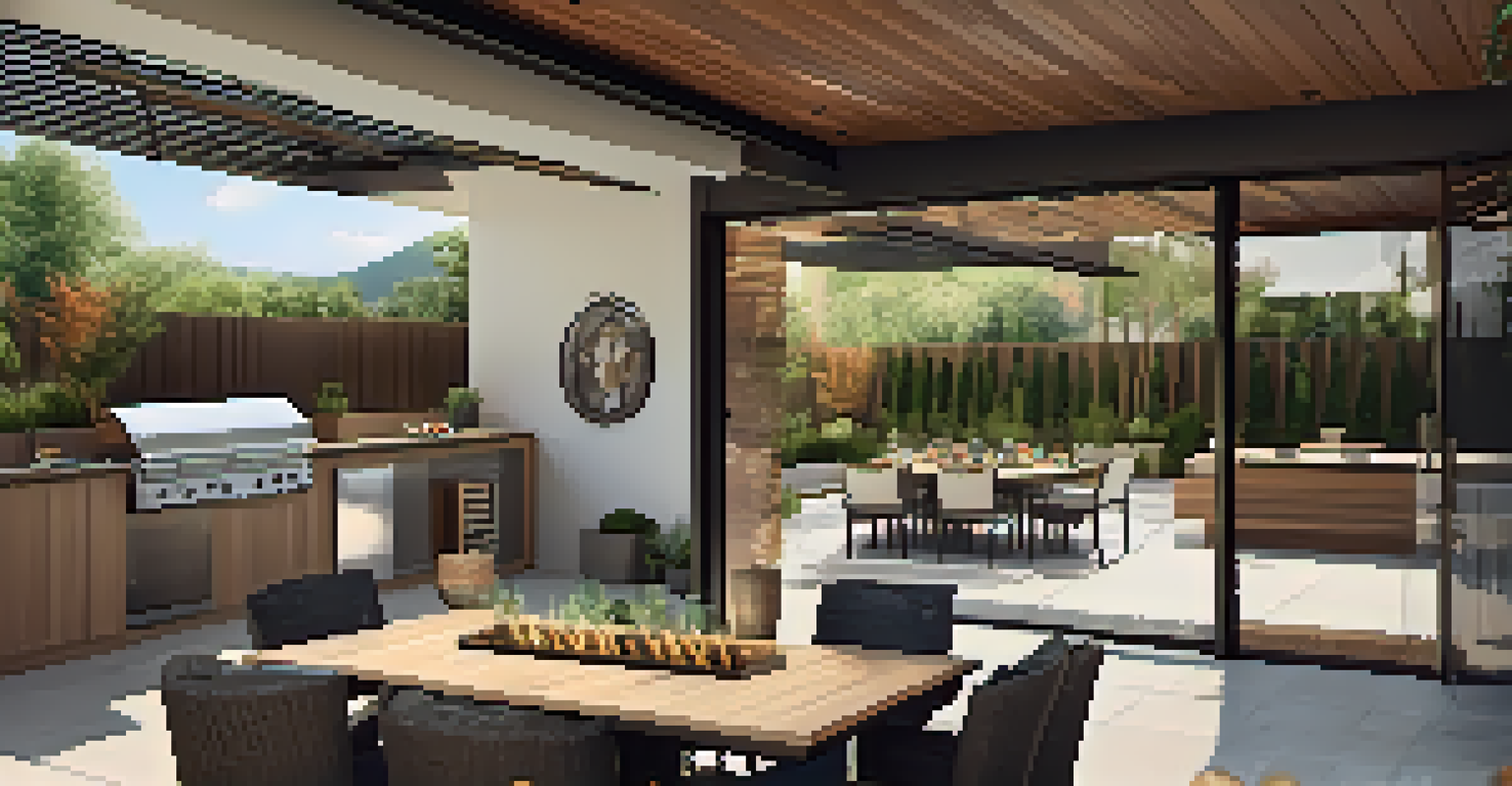A seamless indoor-outdoor entertaining space with an open kitchen leading to an outdoor patio featuring a fire pit and seating.