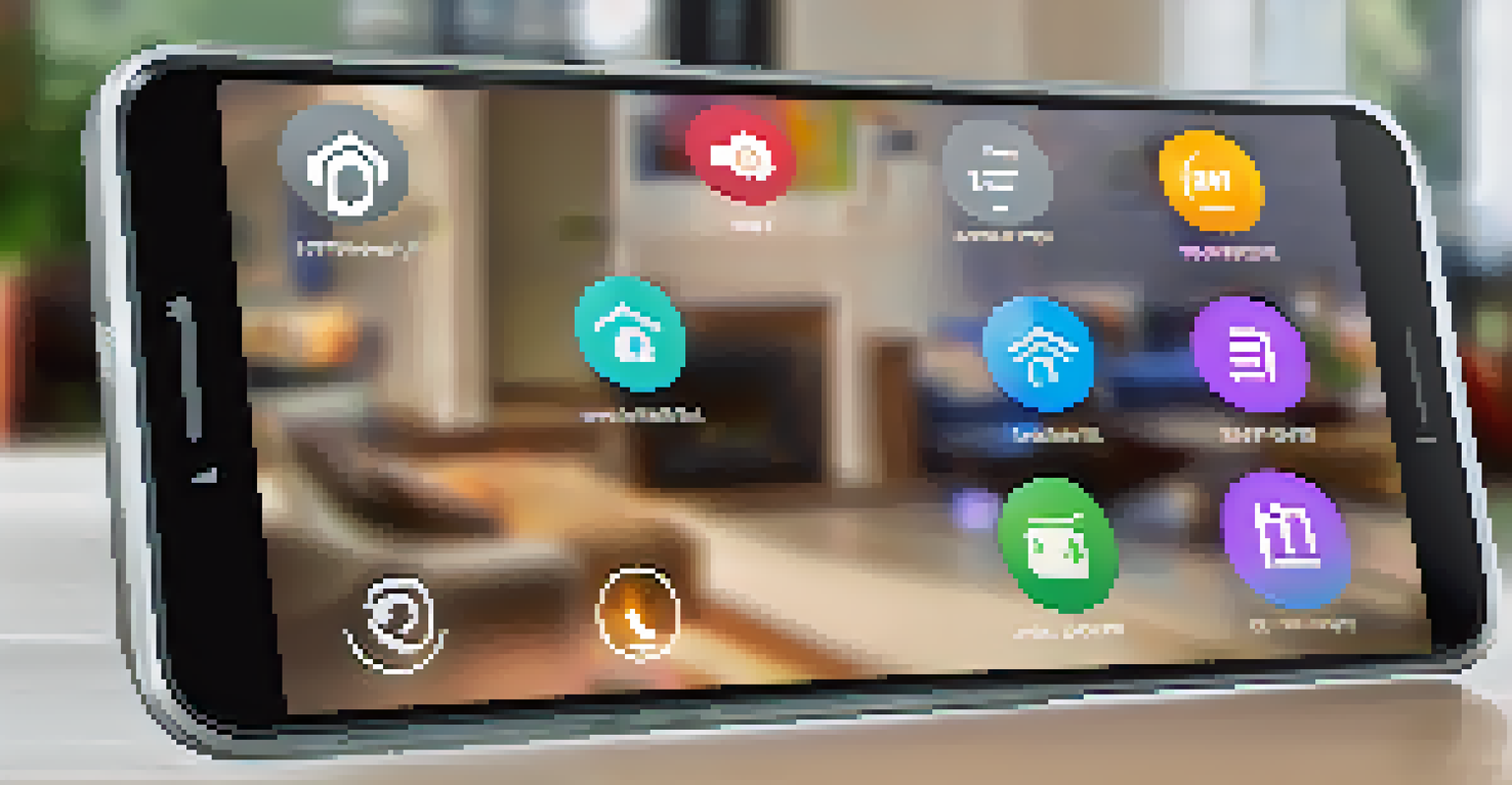 A smartphone with a smart home app interface showing connected devices like lights and security cameras.