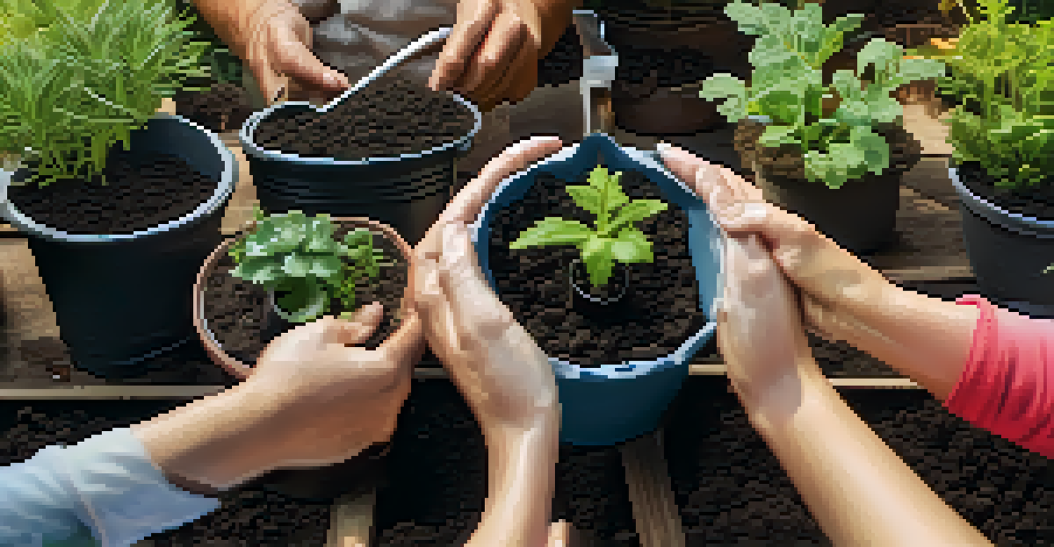 Close-up of participants potting plants during a gardening workshop, showcasing soil textures and vibrant plant colors.