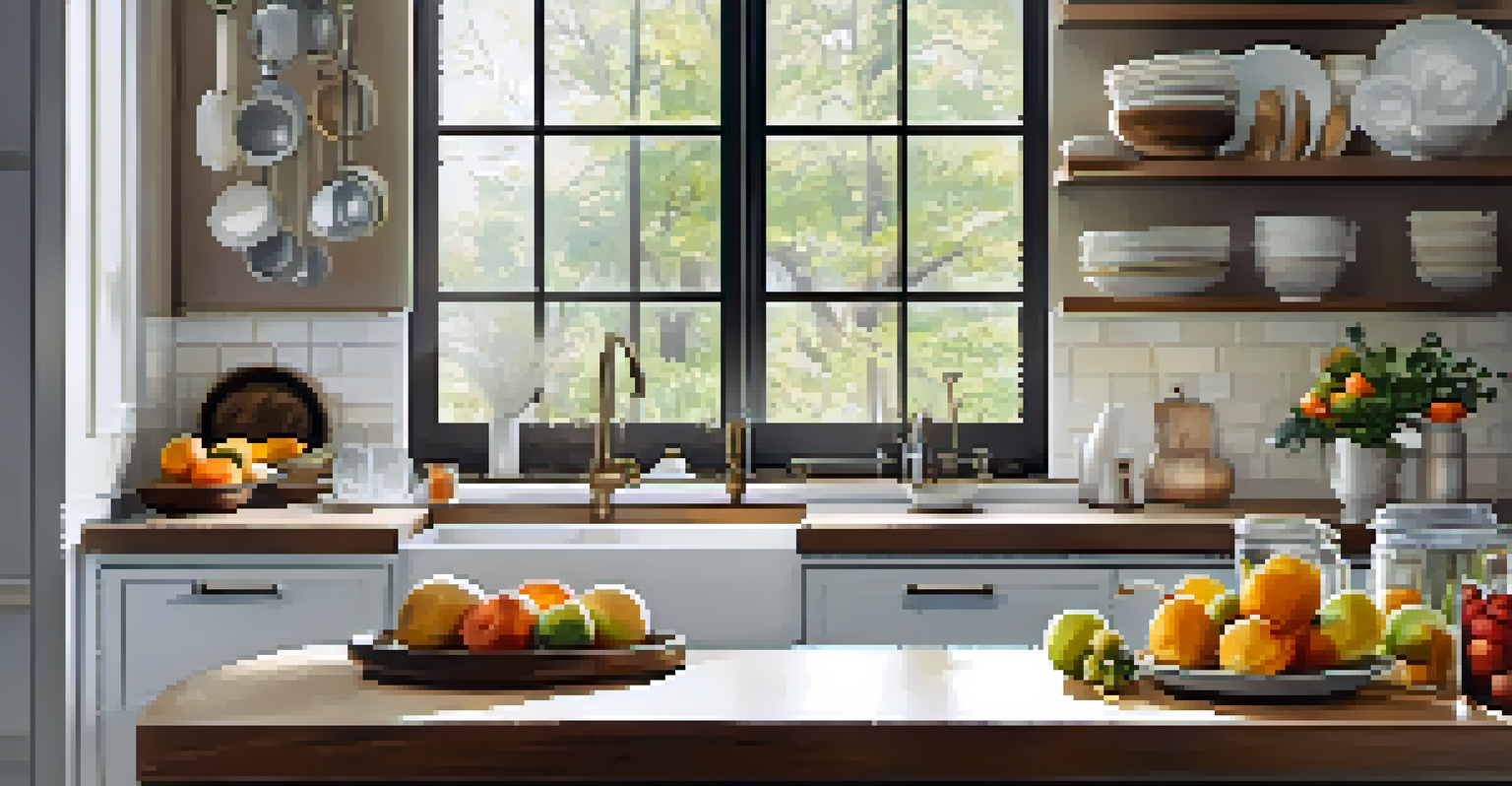 A clean and bright kitchen with organized countertops and a bowl of fresh fruits on the table.