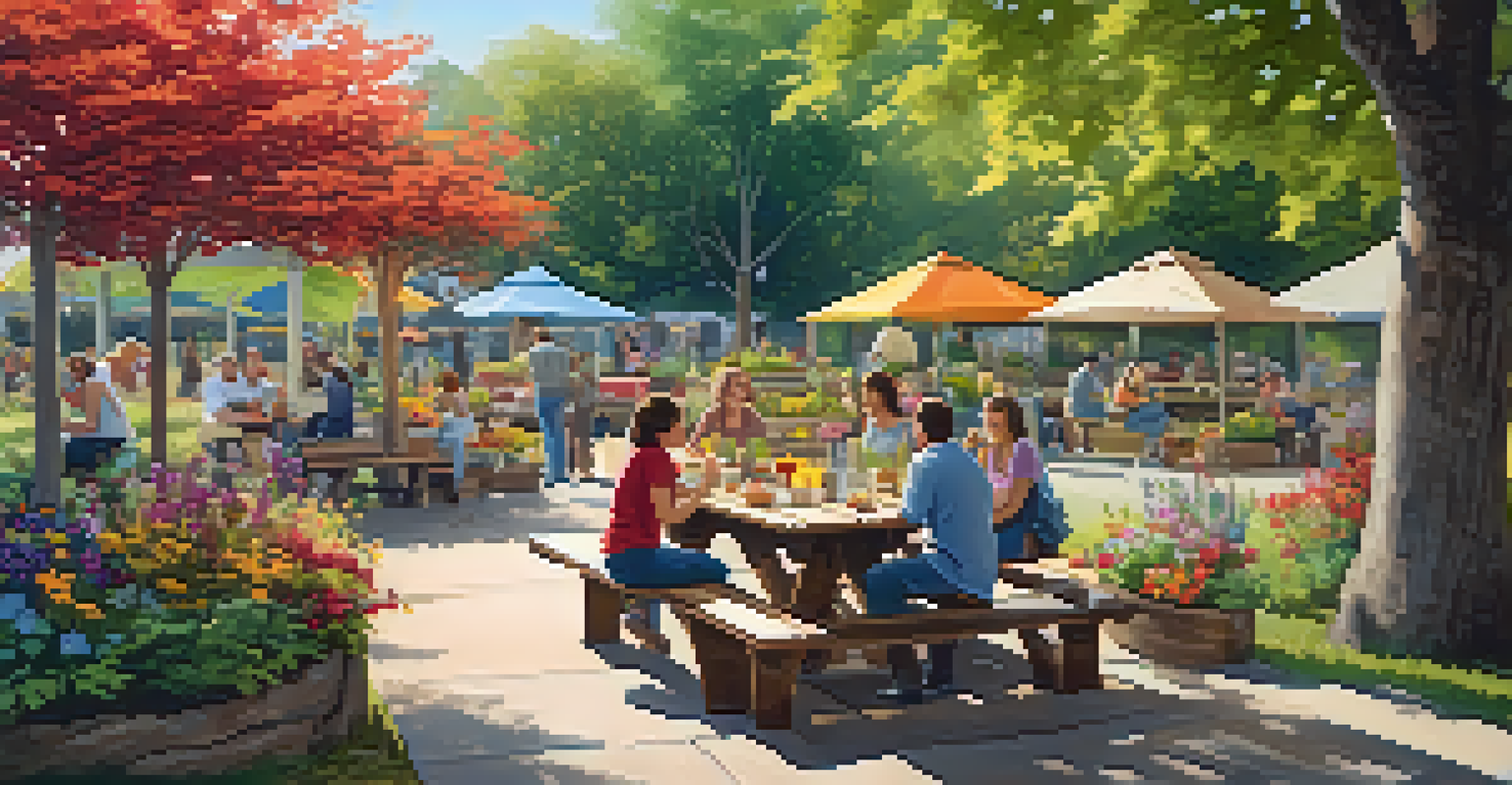 A cozy gathering space in a community garden with wooden benches and families enjoying lunch among flowers.