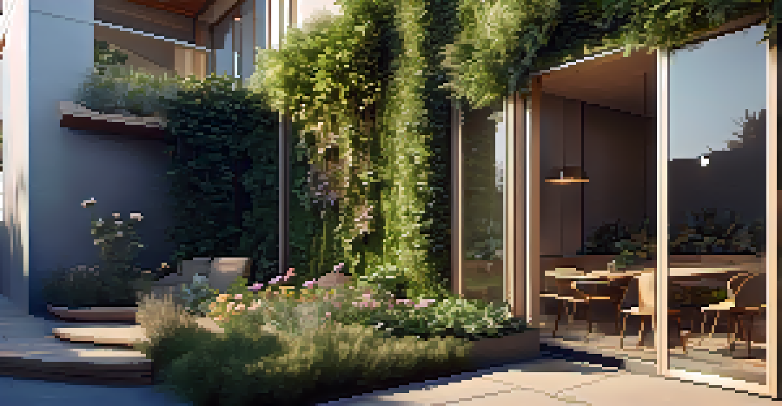 A residential building with vertical gardens and a sunny outdoor seating area surrounded by flowers.