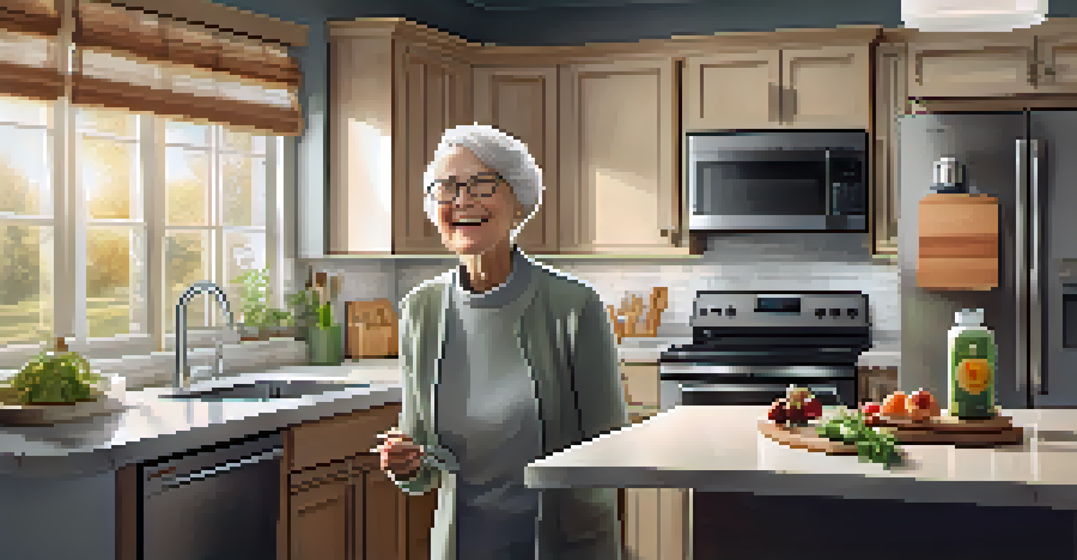 An elderly person happily interacting with a voice-activated assistant in a modern kitchen filled with smart appliances.