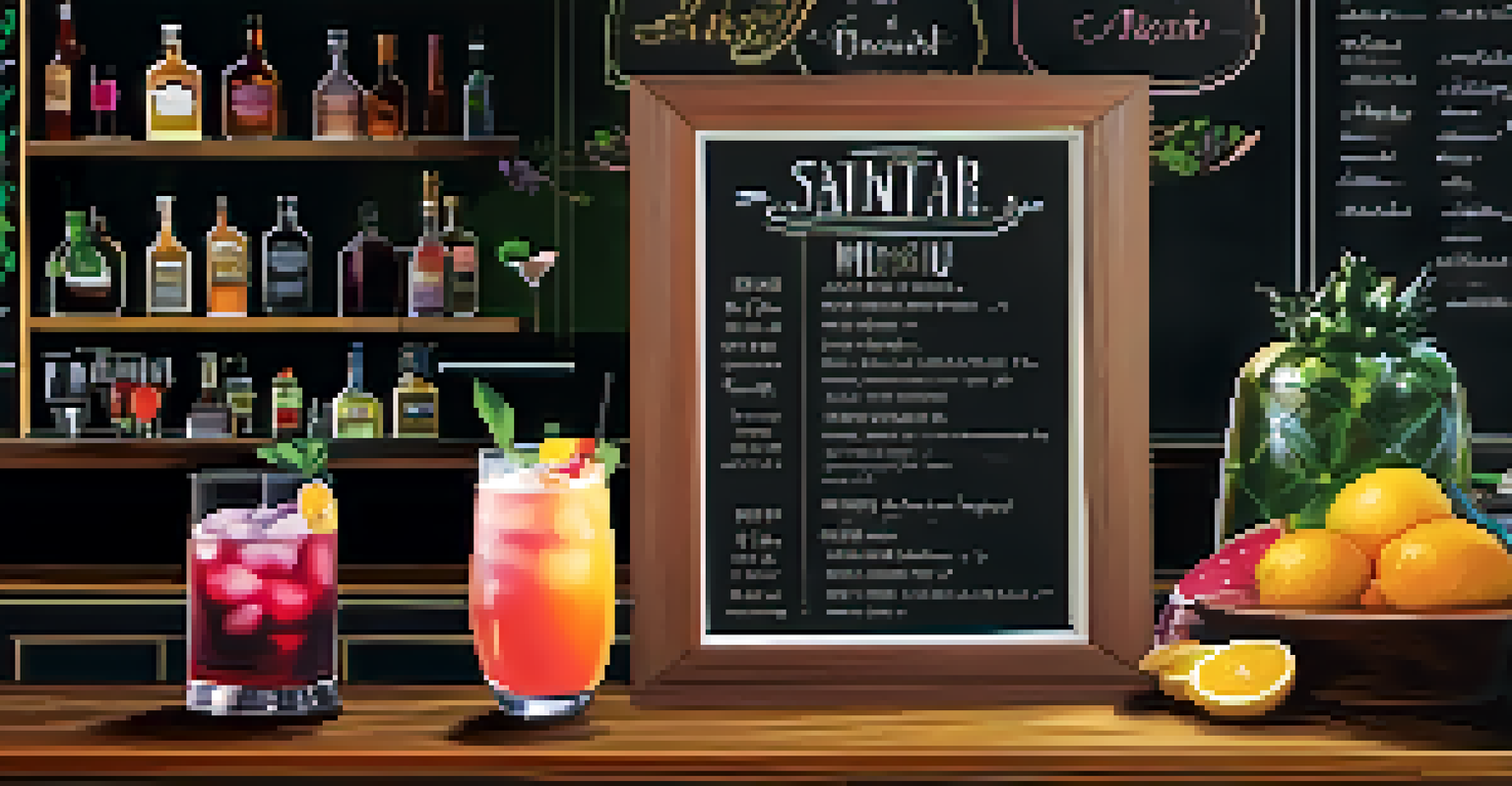 A seasonal drink menu on a chalkboard next to a home bar, showcasing colorful cocktails and decorative glassware.