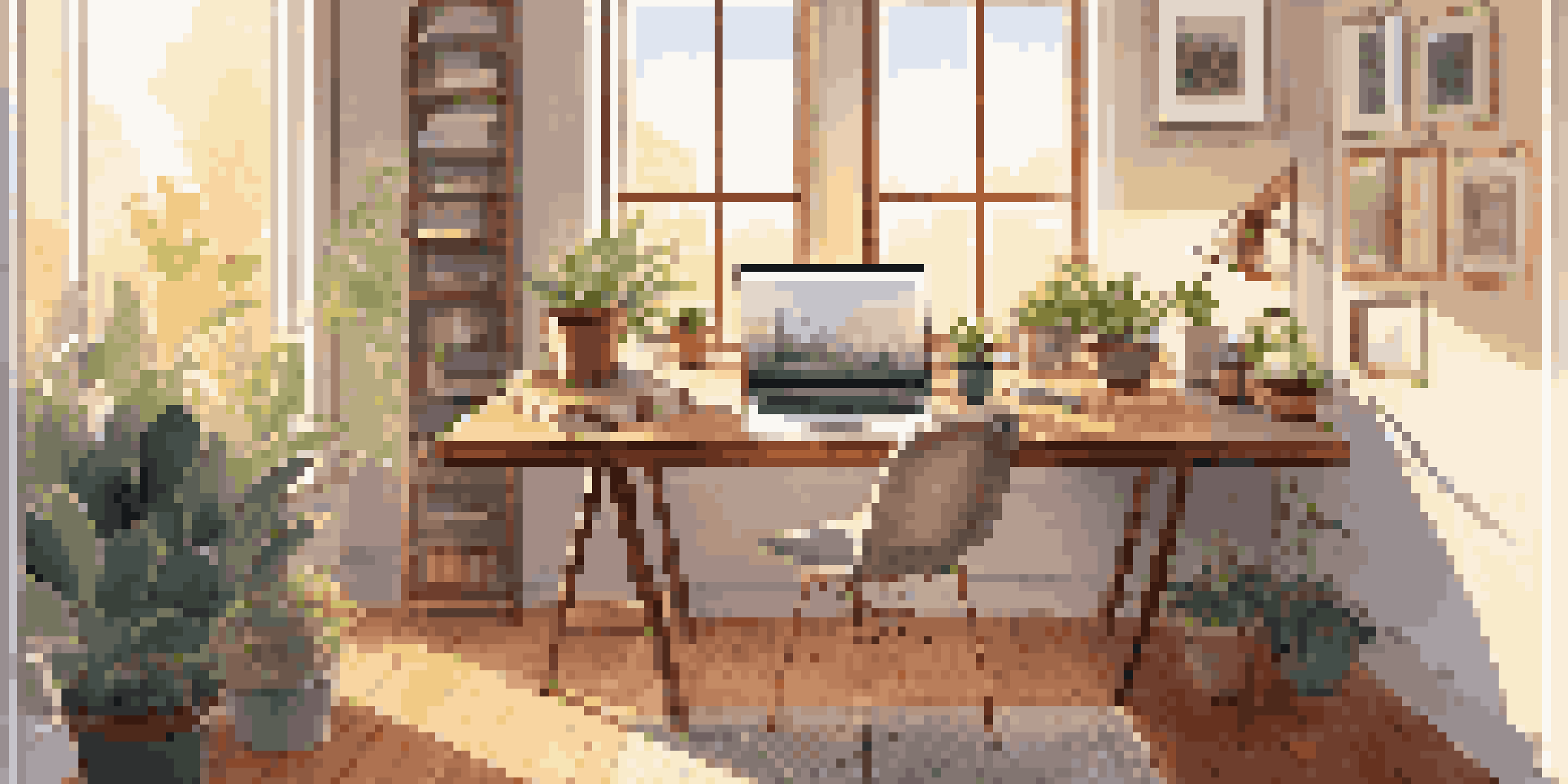 A bright and inviting home office with an ergonomic chair, desk, laptop, and plants, illuminated by natural sunlight.