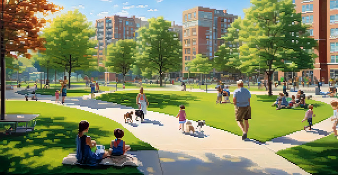 A vibrant city park filled with families, children playing, and people walking dogs, surrounded by residential and commercial buildings under a clear blue sky.