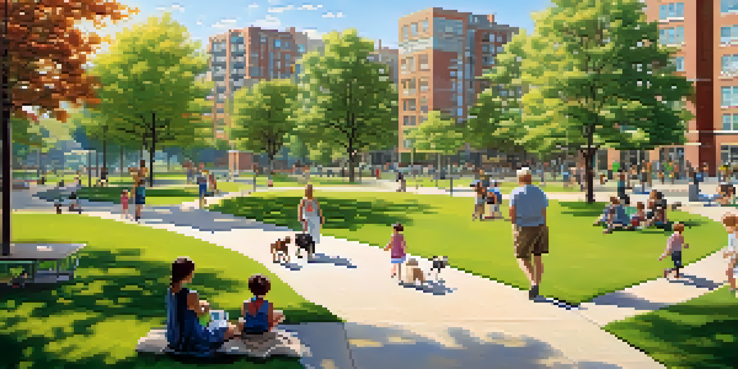 A vibrant city park filled with families, children playing, and people walking dogs, surrounded by residential and commercial buildings under a clear blue sky.