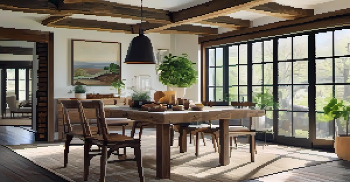 A cozy living room with a reclaimed wood dining table, large windows allowing natural light, wooden beams, a wool rug, and plants.