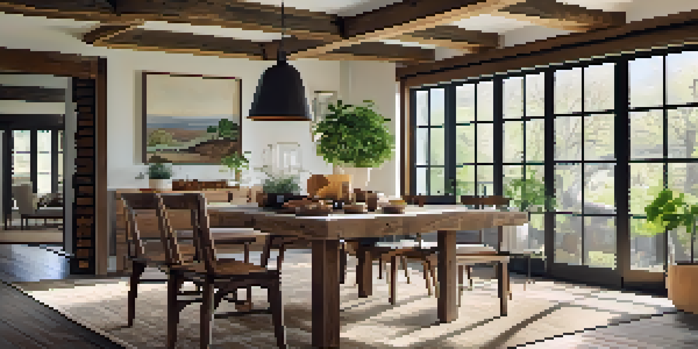 A cozy living room with a reclaimed wood dining table, large windows allowing natural light, wooden beams, a wool rug, and plants.