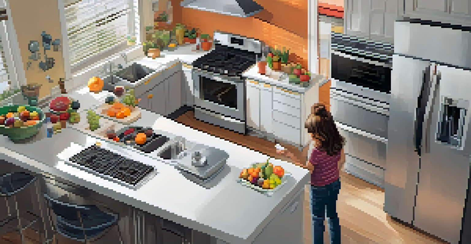 A bright modern kitchen with a smoke detector on the ceiling and a family member cooking.