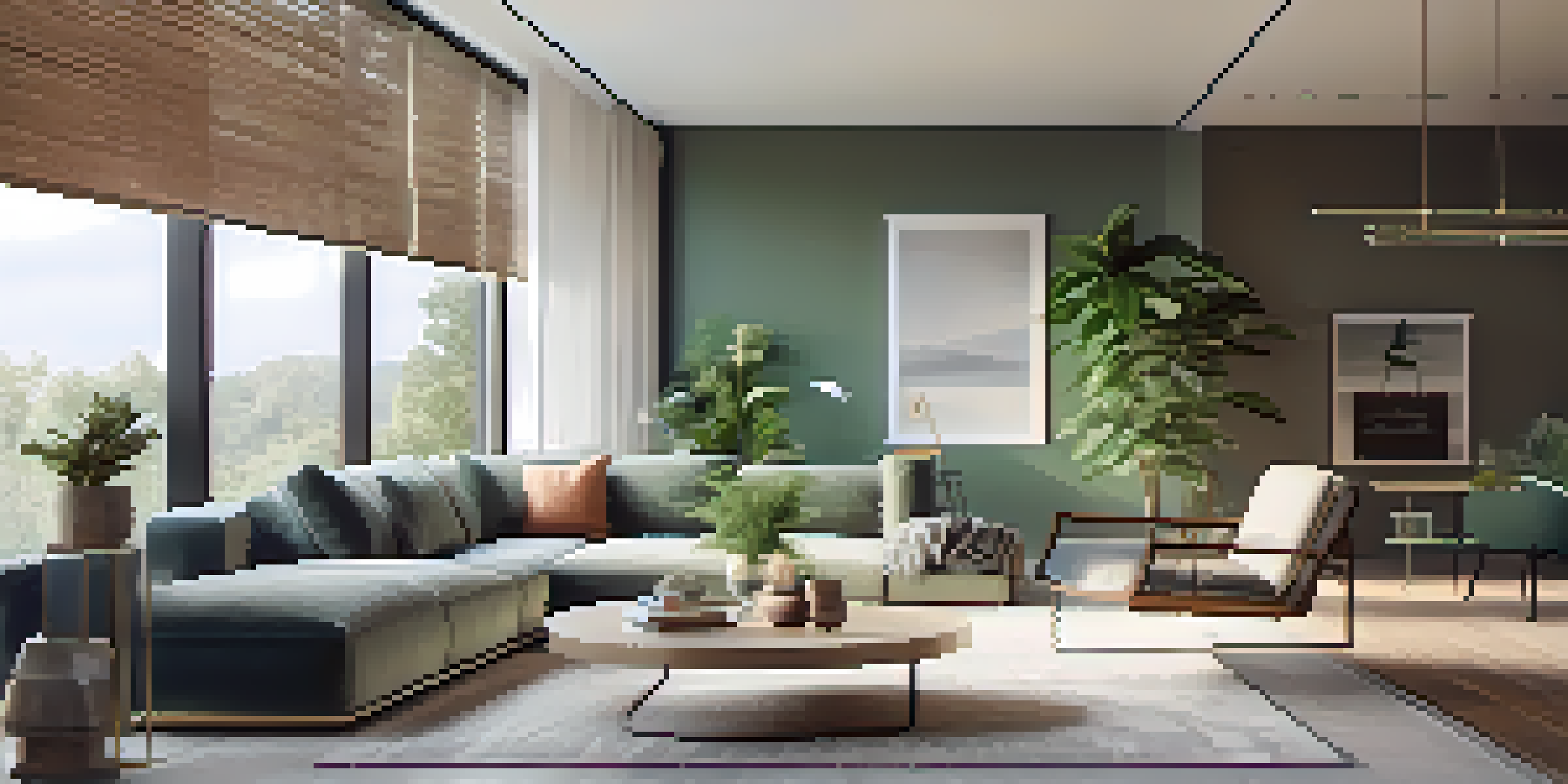 A contemporary living room with smart furniture, including a multifunctional coffee table and adjustable sofa, filled with natural light and plants.