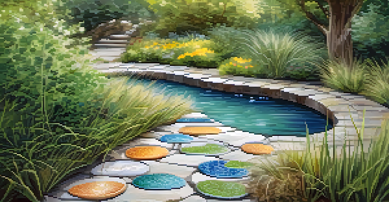 Colorful mosaic stepping stones in a sensory pathway, surrounded by herbs and grasses, with a water feature and wind chimes in the background.