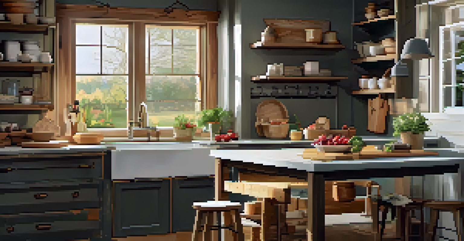A rustic kitchen with wooden cabinets and a farmhouse sink, filled with baking ingredients and warm lighting.