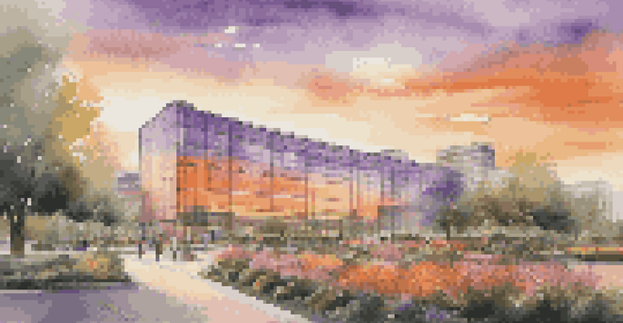 A contemporary office building with a reflective glass exterior at sunset, surrounded by a colorful garden and people walking.