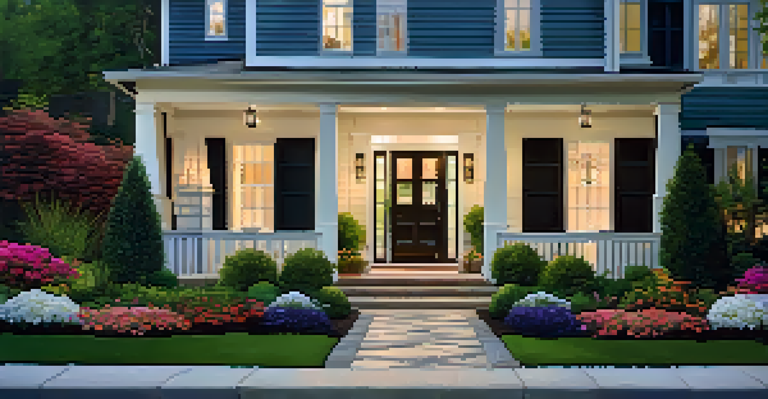 A charming front yard with colorful flowers, a bold front door, and a stylish walkway, illuminated by outdoor lighting.