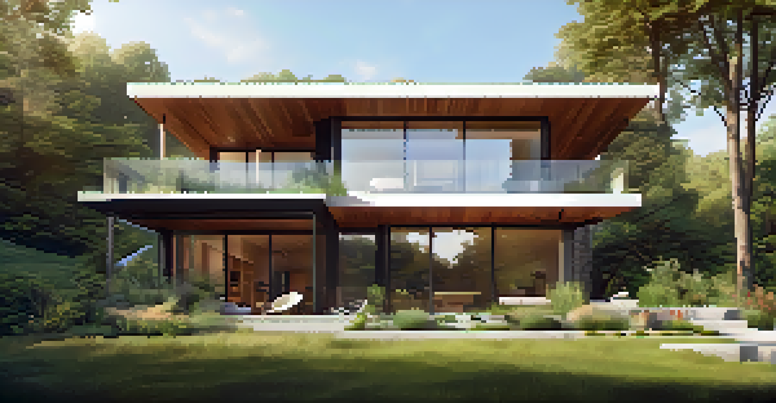 A modern home with large windows and green landscaping, designed for passive solar energy use.