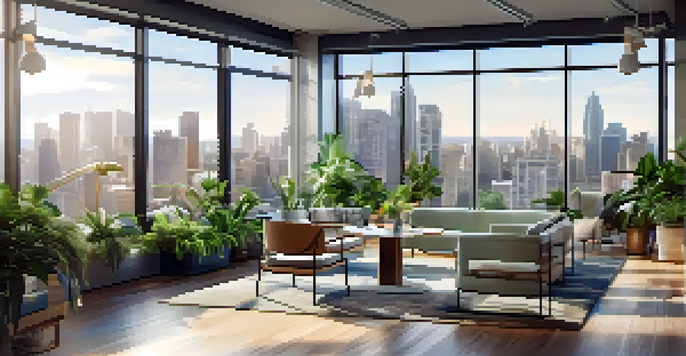 A modern real estate office filled with professionals discussing property listings, with a city view through large windows.