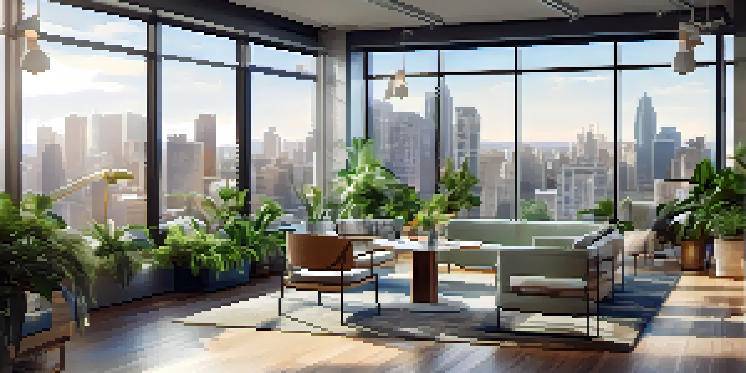 A modern real estate office filled with professionals discussing property listings, with a city view through large windows.