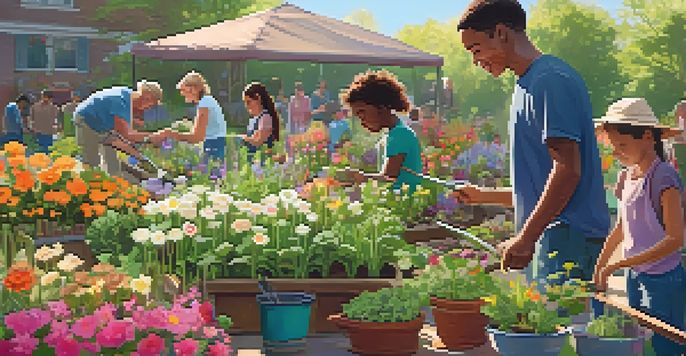 A lively outdoor gardening workshop with participants planting flowers and vegetables, surrounded by colorful garden beds and tools.