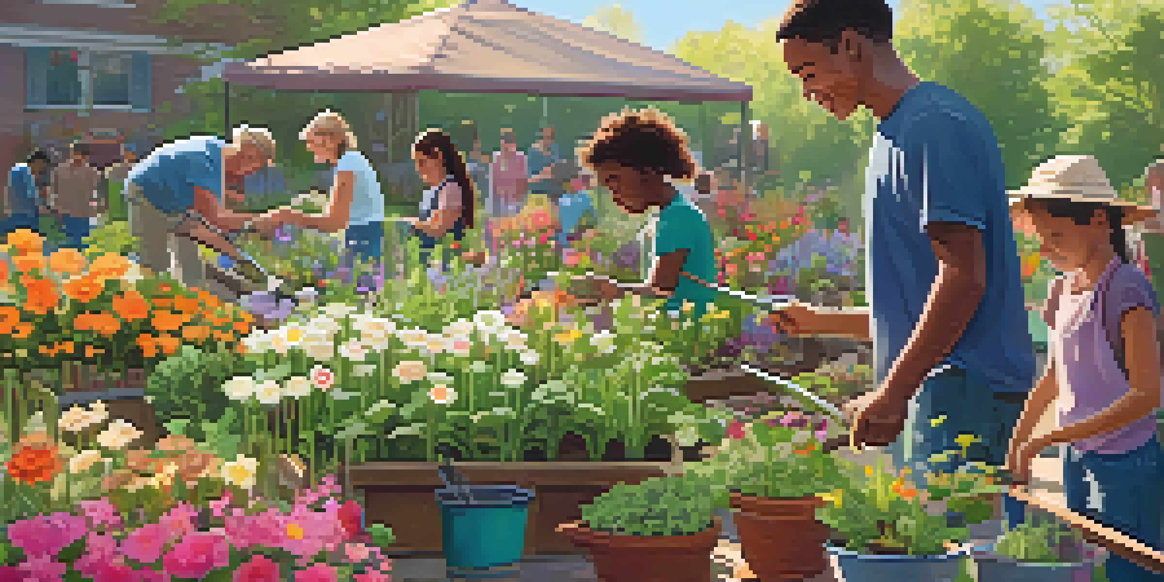 A lively outdoor gardening workshop with participants planting flowers and vegetables, surrounded by colorful garden beds and tools.