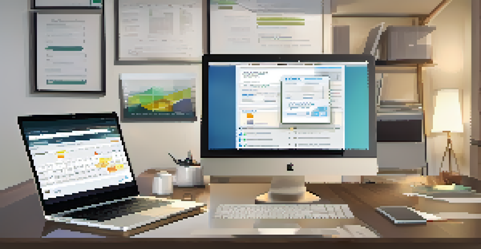 A home office with a laptop and smartphone displaying property management tools, along with a notepad, all under soft lighting.