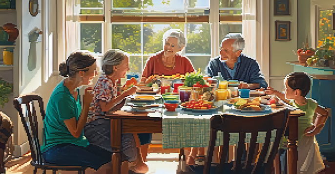 A multi-generational family enjoying a meal together at a dining table, filled with colorful dishes and laughter.