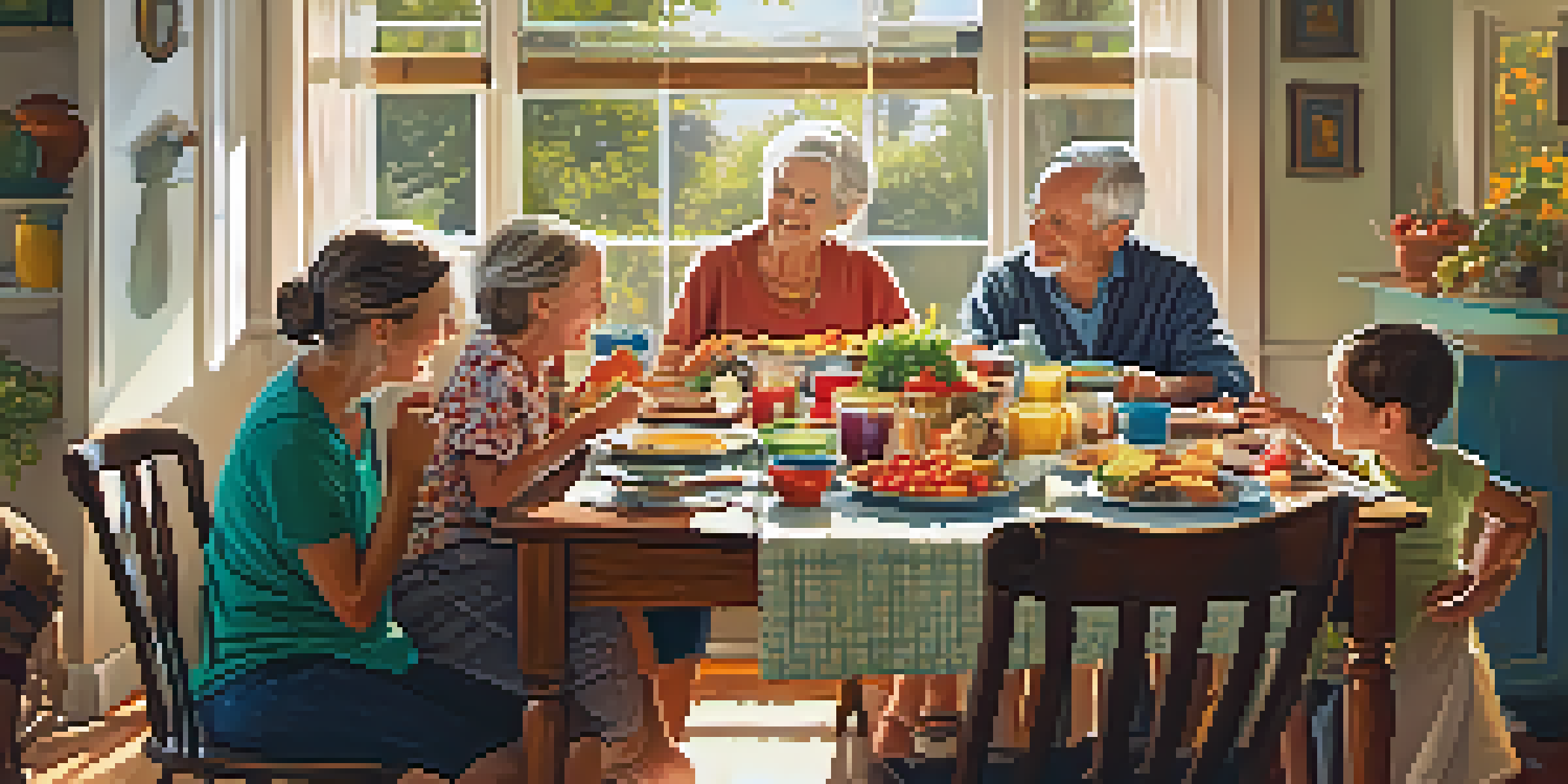 A multi-generational family enjoying a meal together at a dining table, filled with colorful dishes and laughter.