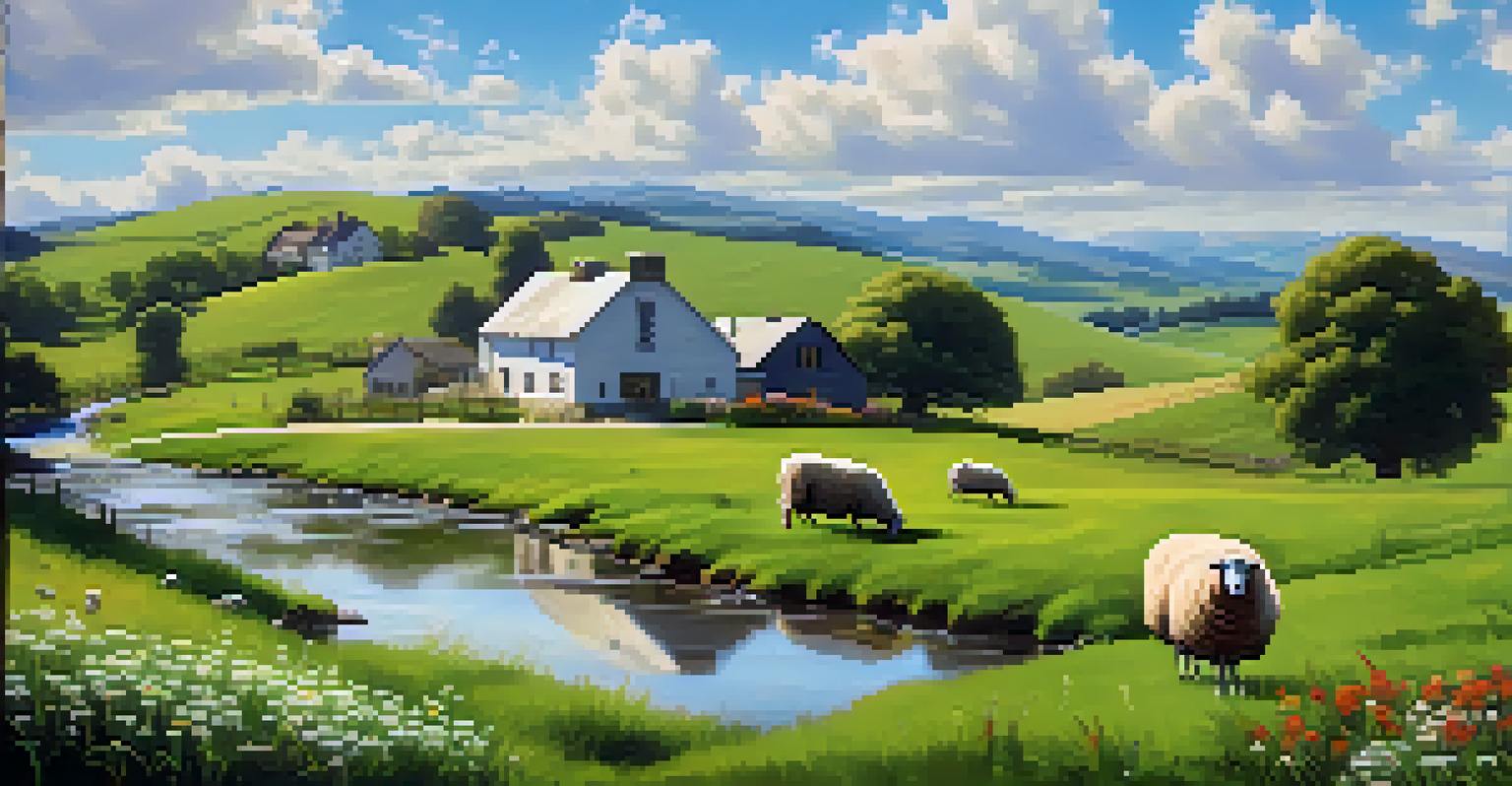 A peaceful countryside landscape with rolling hills, a farmhouse, and blooming wildflowers, along with sheep grazing in the field.