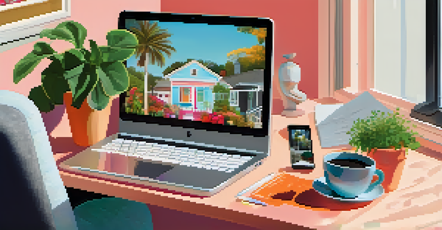 A person at a desk, engaged in online home browsing with a laptop and various personal items around them.