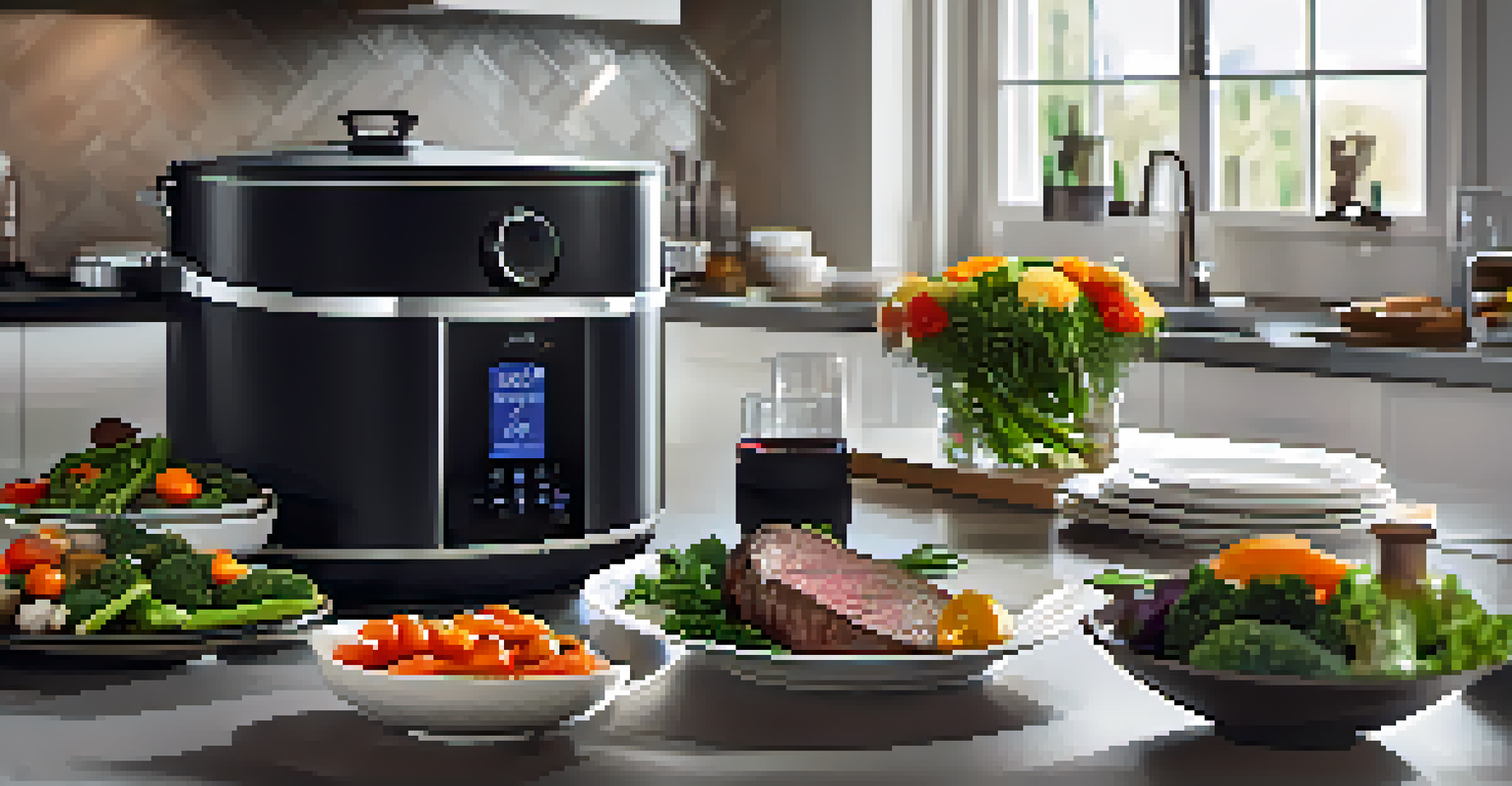 A beautifully arranged dining table featuring sous vide vegetables and steak, with a smart pressure cooker in the background.