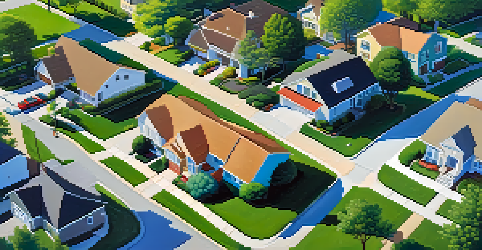 Aerial view of a suburban neighborhood with houses, lawns, and children playing, under a clear blue sky.