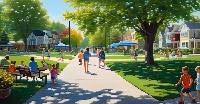 A lively park with families, children playing, and dogs being walked, under a sunny blue sky.