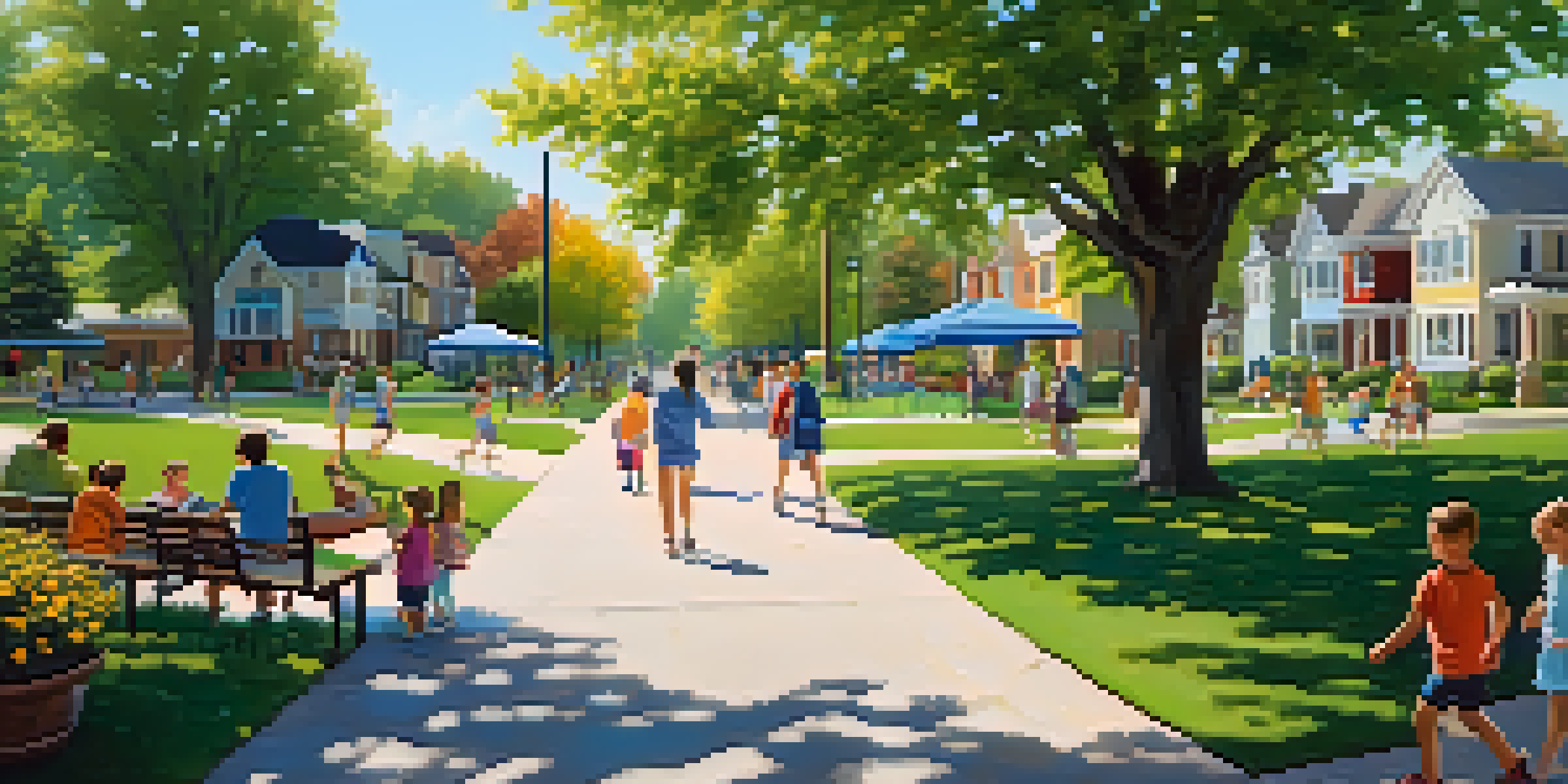 A lively park with families, children playing, and dogs being walked, under a sunny blue sky.