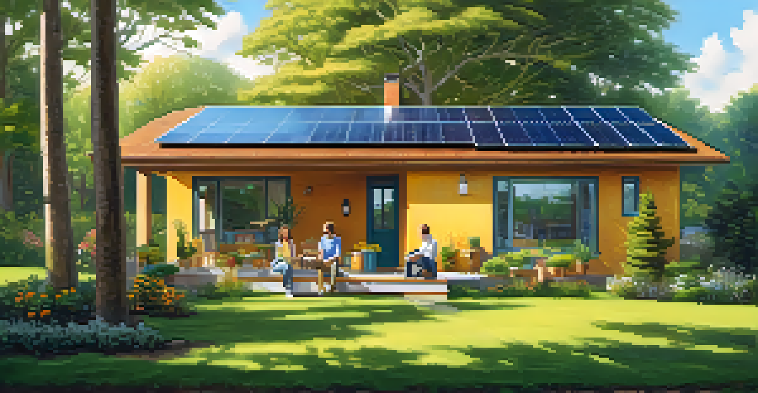 An outdoor view of a house with solar panels on the roof, a family enjoying a picnic in a green setting.