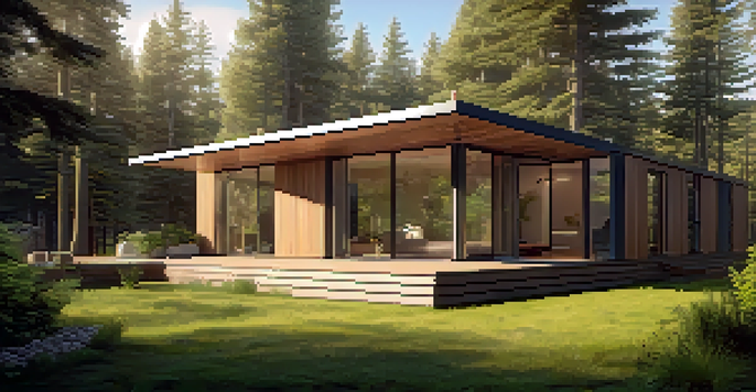 A modern modular home surrounded by trees, featuring large windows and a natural wood exterior, with sunlight filtering through the leaves.