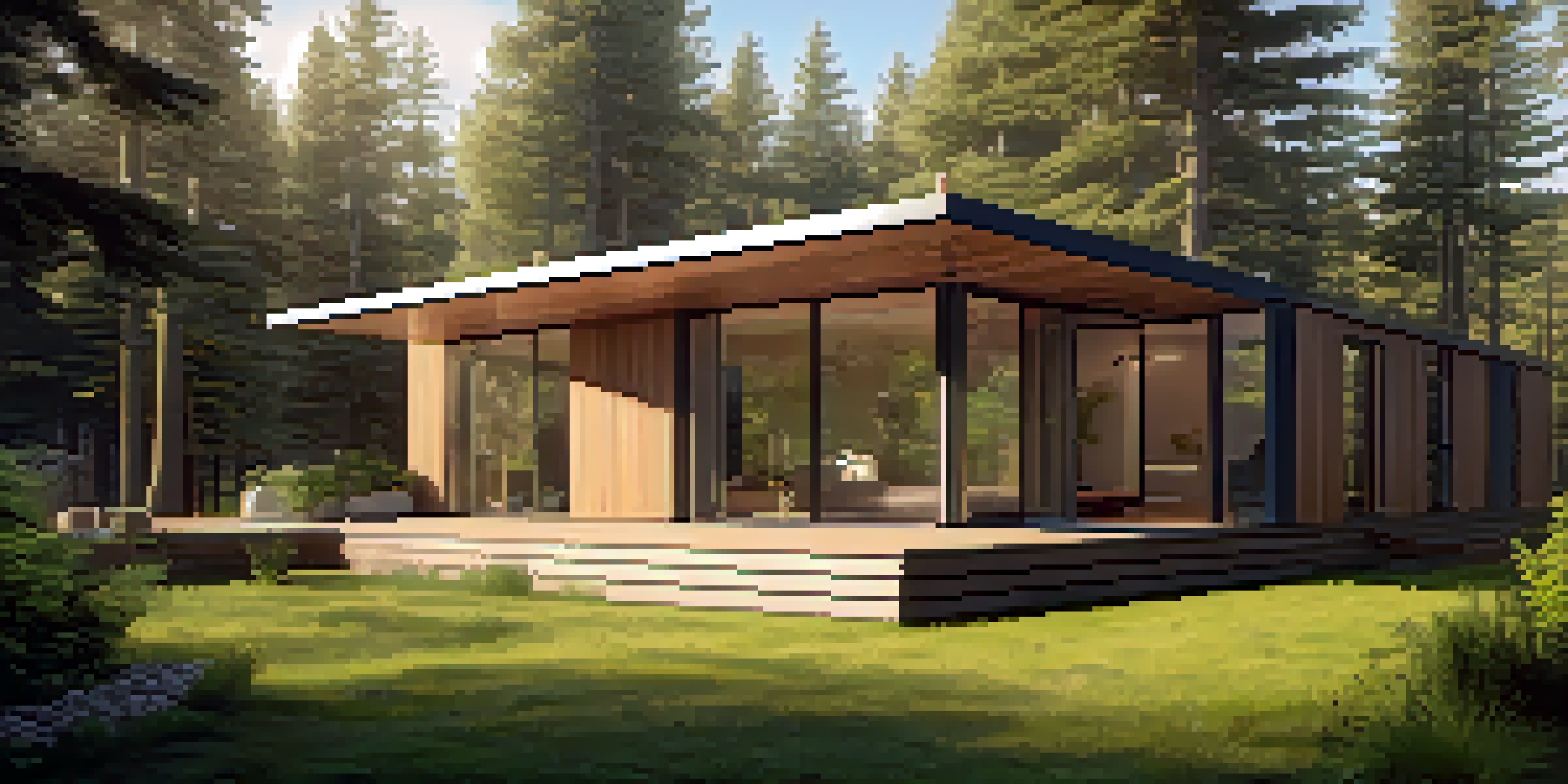 A modern modular home surrounded by trees, featuring large windows and a natural wood exterior, with sunlight filtering through the leaves.