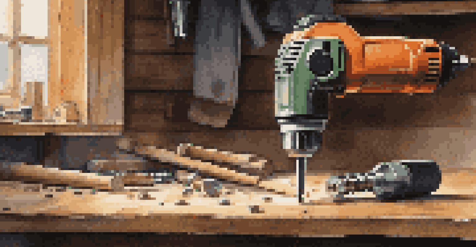 A close-up view of an electric drill on a workbench, surrounded by wooden planks and screws, illuminated by warm ambient lighting.