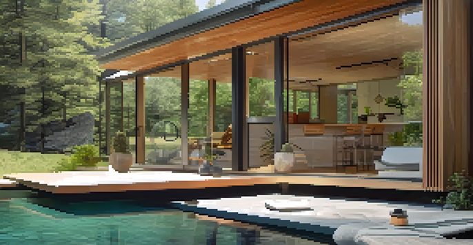 A modern house designed for energy efficiency, surrounded by trees and featuring overhangs for shade.