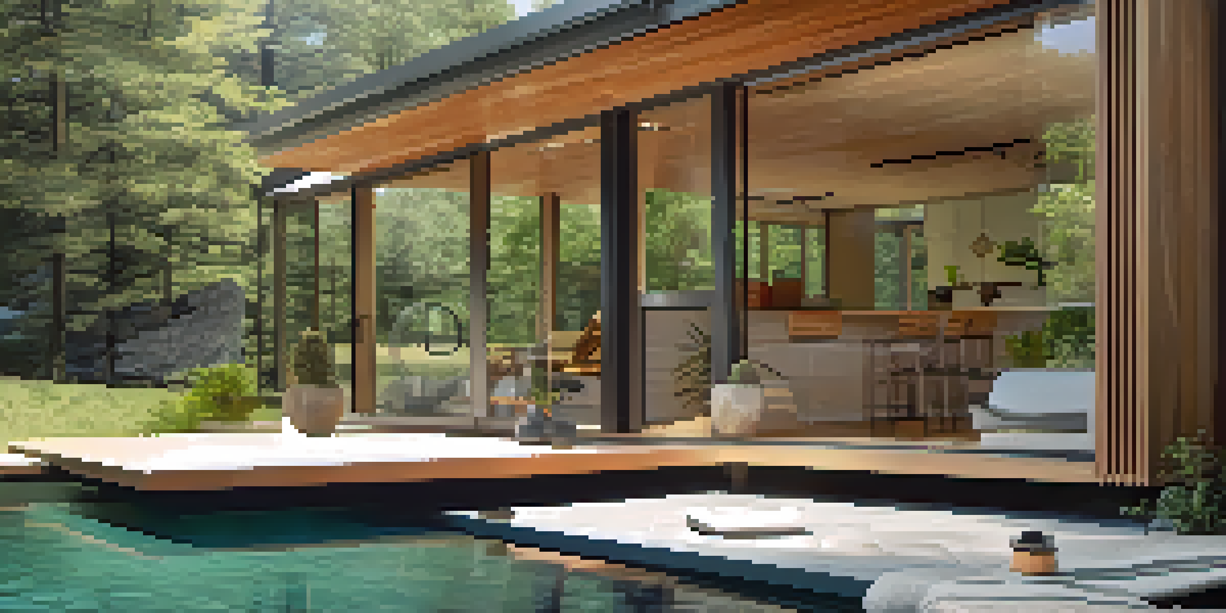 A modern house designed for energy efficiency, surrounded by trees and featuring overhangs for shade.
