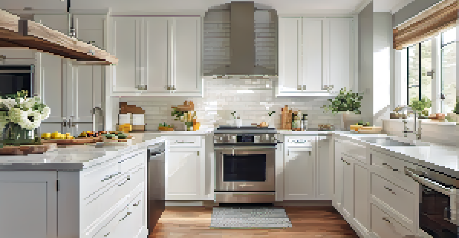 A modern kitchen with white cabinets, subway tile backsplash, and stainless steel appliances, bathed in natural light.