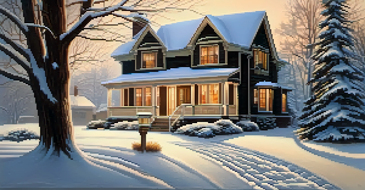 A picturesque winter scene of a house with snow, featuring warm lights from the windows and a snow-covered yard.