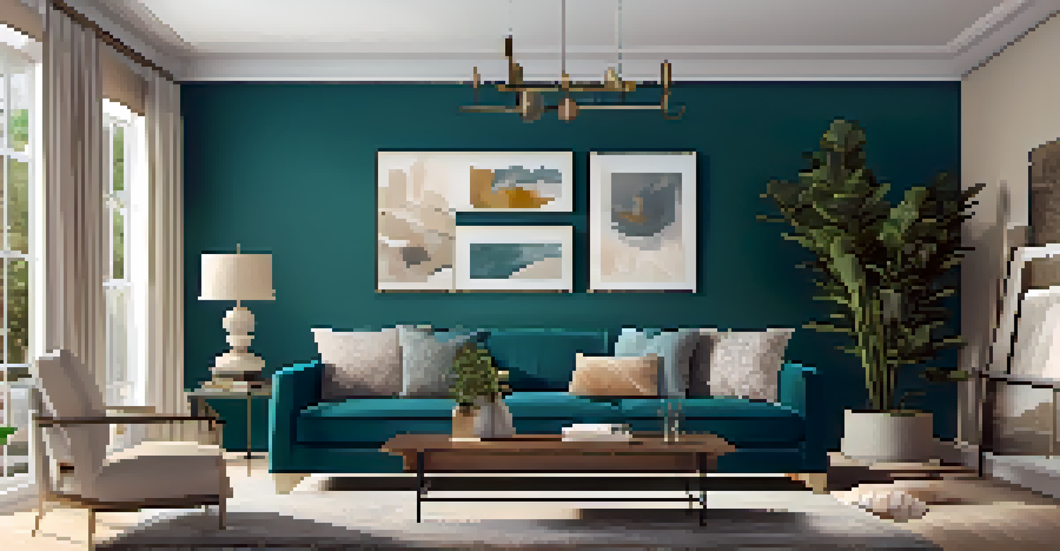 A living room showcasing a deep teal accent wall with beige surrounding walls, decorated with contemporary furniture and vibrant cushions.