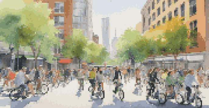 A busy city street with people riding e-scooters and bicycles surrounded by modern buildings and greenery.