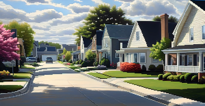 A modern suburban neighborhood with houses showing signs of wear, under an overcast sky, with blooming flowers in the front yards.