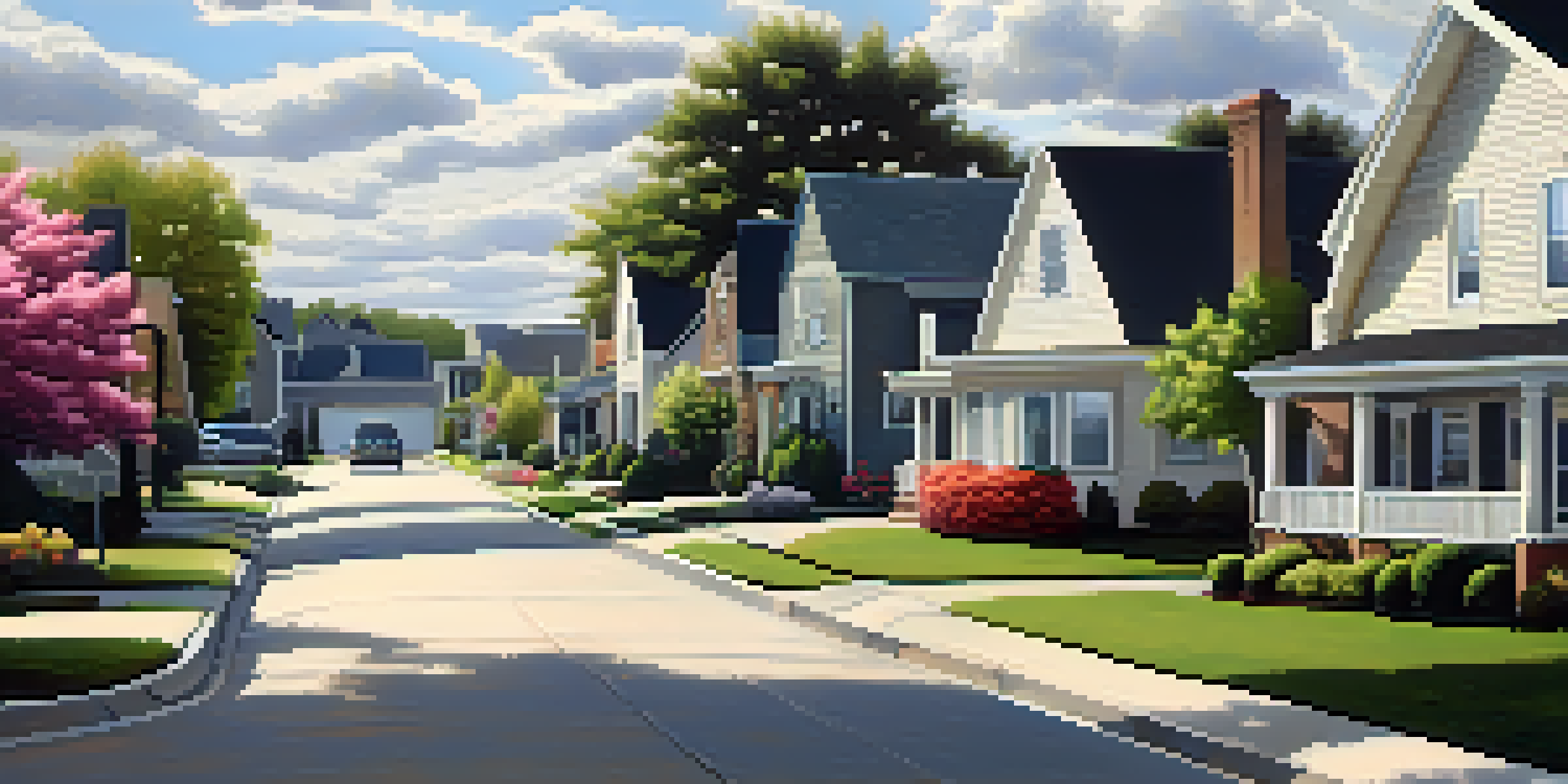 A modern suburban neighborhood with houses showing signs of wear, under an overcast sky, with blooming flowers in the front yards.