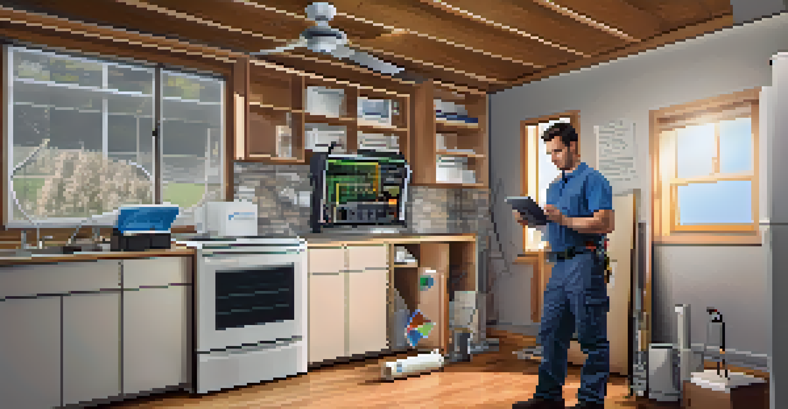 A technician performing an energy audit in a home, inspecting insulation and HVAC systems.