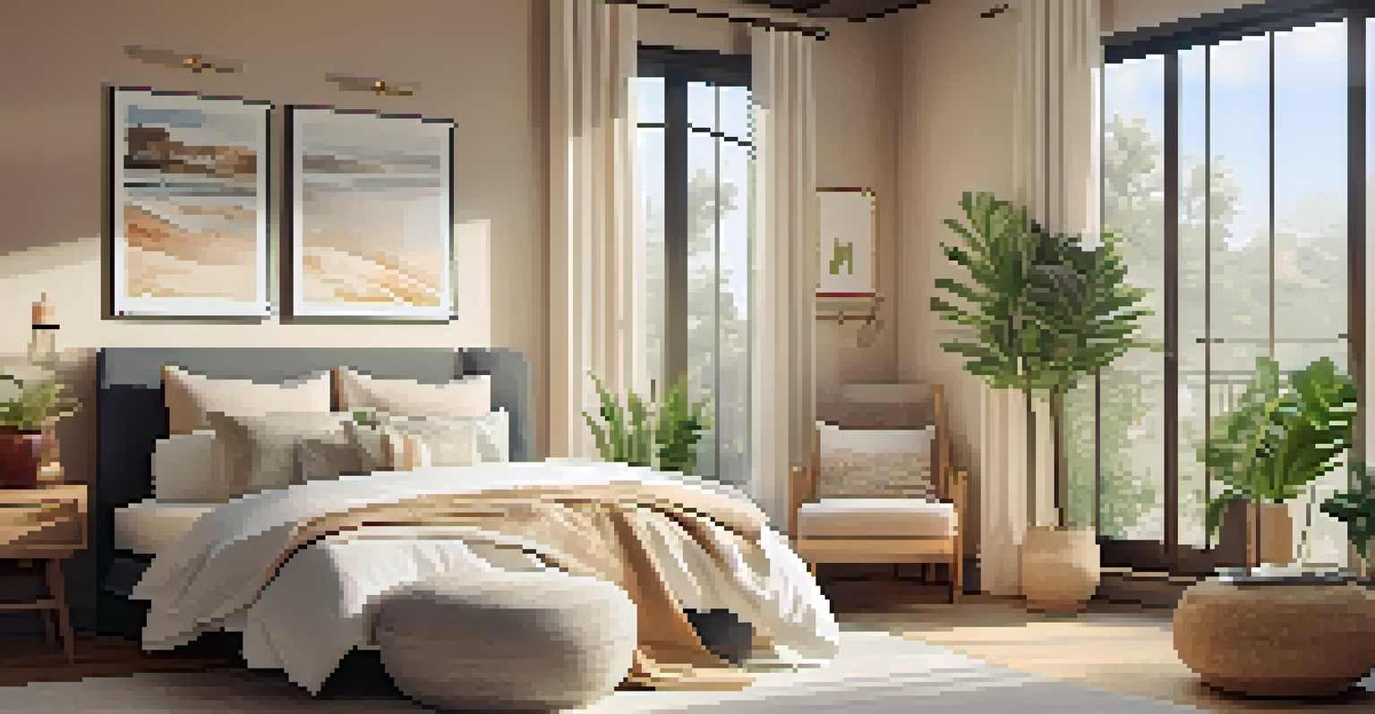 A serene bedroom with a large window, decorated with calming colors and indoor plants, creating a peaceful atmosphere.