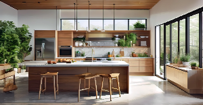 A bright and modern kitchen with stainless steel appliances, marble countertops, and an open layout, connected to a cozy dining area.