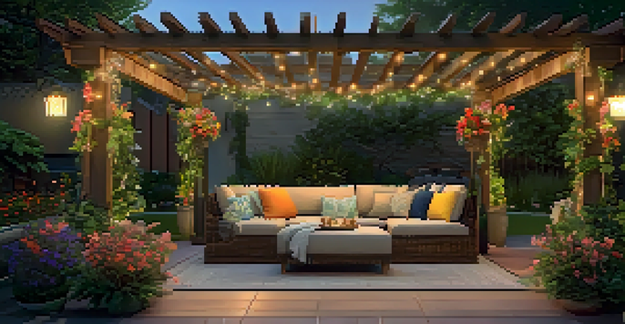 A tranquil patio with cozy seating, surrounded by greenery and illuminated with fairy lights.